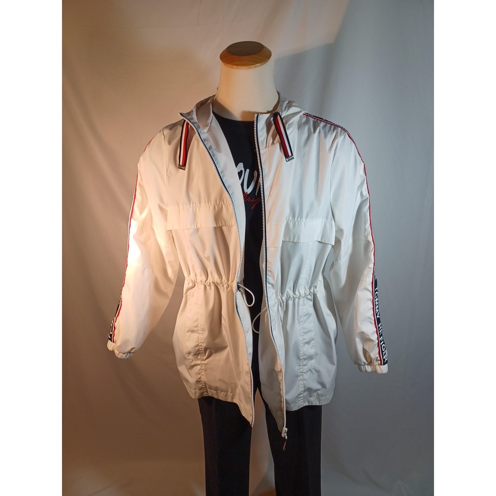 Tommy Hilfiger Jacket Mens 2XL White Hooded Windbreaker‎ Logo Tape Zip Casual